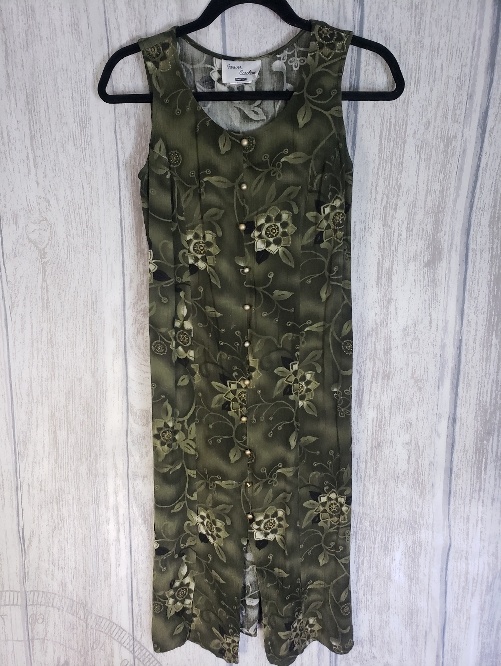 Green floral print vintage 90s Midi dress button-down front, Tie Back Small